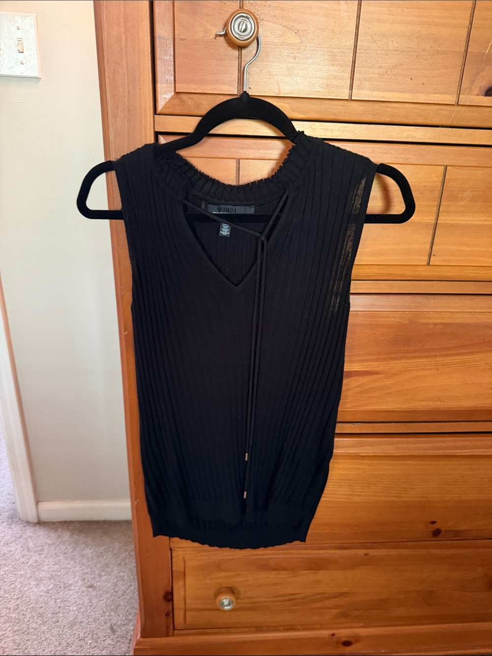 White House Black Market Black Ribbed Sleeveless Tie-Neck Tank